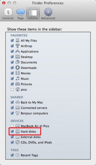 Finder prefs Mostra HD nella barra laterale