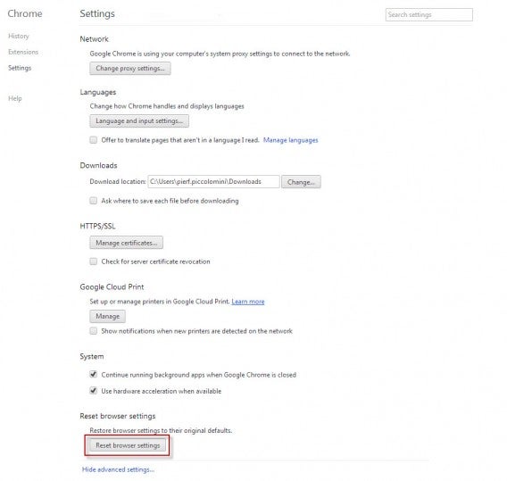 Chrome - Reset browser settings