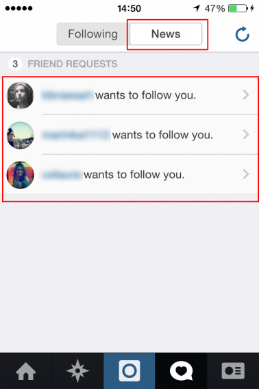 Richieste di following - News feed