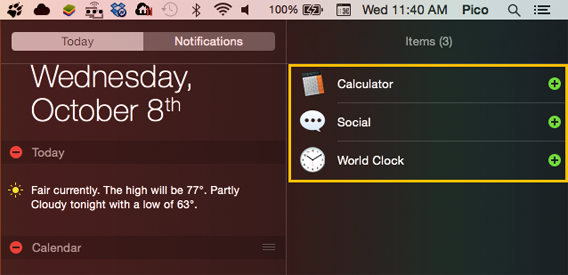 Centro notifiche aggiungi widget