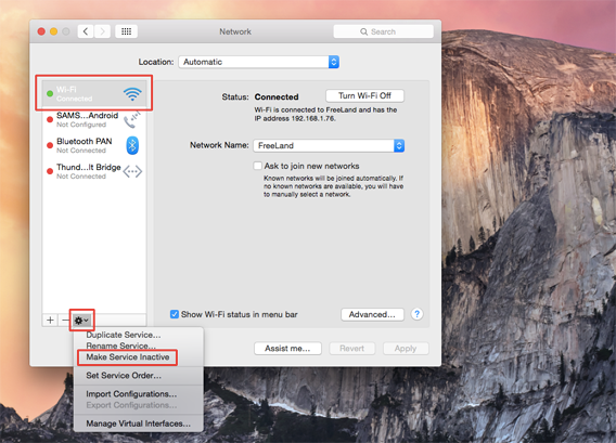 Disattiva il servizio WiFi