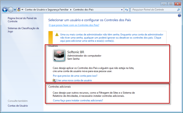 Selecionar Usuário e configurar Controles dos Pais