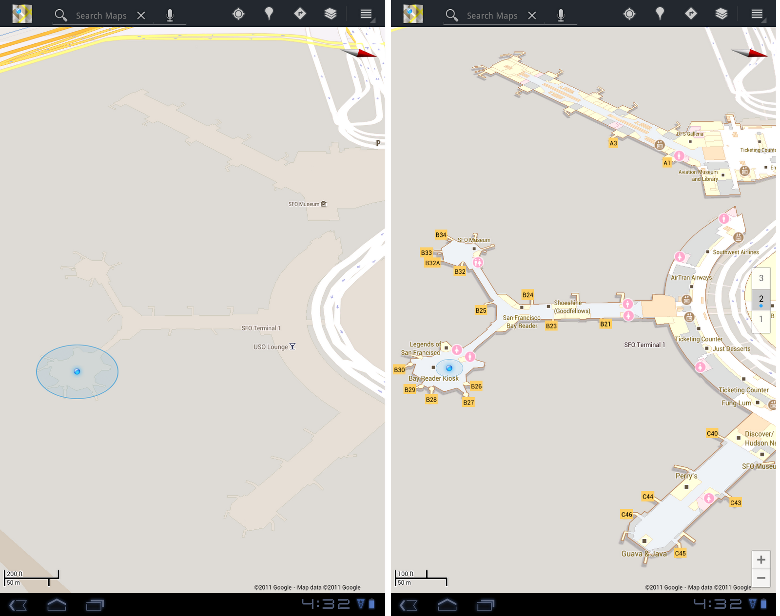 Antes e depois do Aeroporto Internacional de São Francisco (EUA) no Google Maps