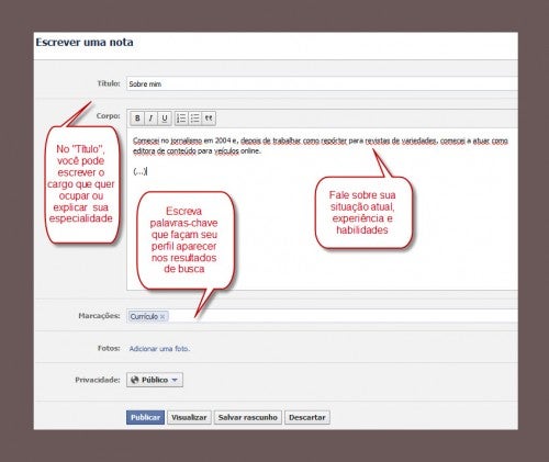 Exemplo de nota profissional no Facebook