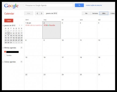 Visualização do mês na Google Agenda