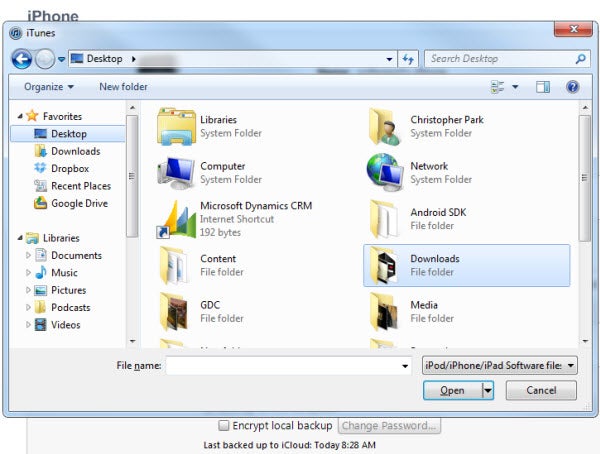 Escolha o arquivo para atualizar o iOS 6