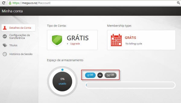 Mega - detalhes da conta grátis
