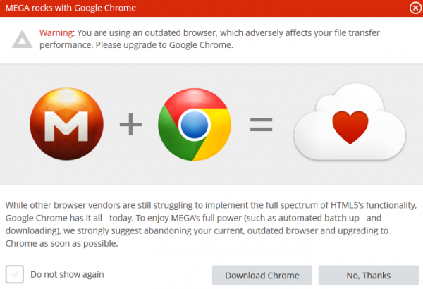 Mega recomenda o uso do navegador Chrome