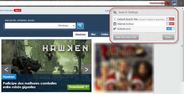 BitTorrent Surf - configurações de busca