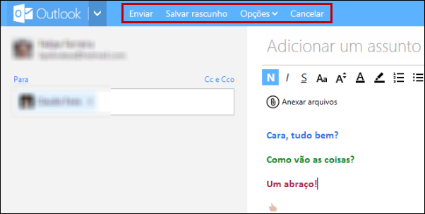 Opções de envio de e-mail no Outlook.com