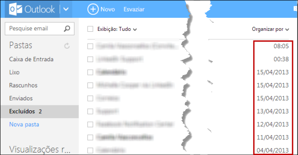 E-mails recuperados do Outlook.com