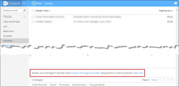 Função de recuperar e-mails apagados no Outlook.com