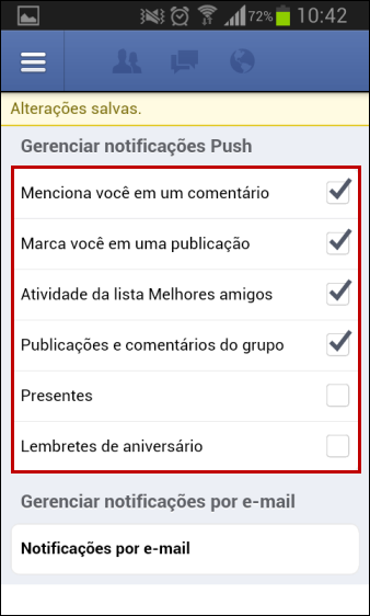 Gerenciar quais notificações você recebe no Facebook para celular