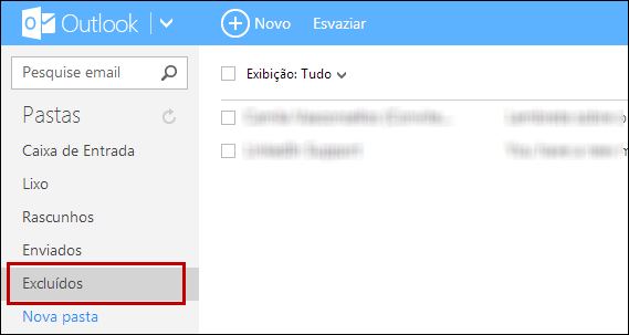 Itens excluídos no Outlook.com