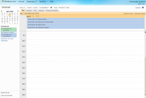 Interface antiga do calendário do Outlook.com