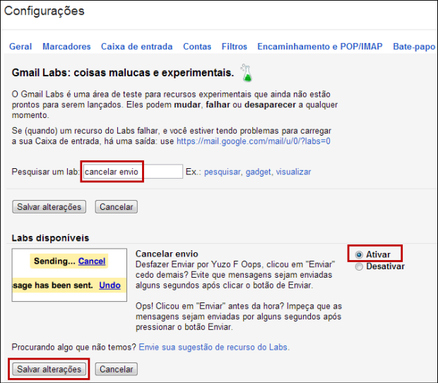 Buscar e ativar Lab no Gmail