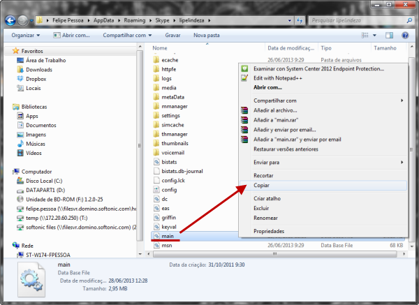 Copiar arquivo main do Skype