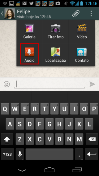 Selecionar Audio para gravar uma mensagem de voz