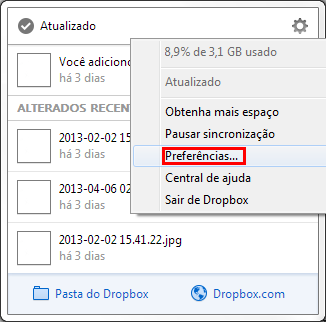 Preferências do Dropbox na área de notificação