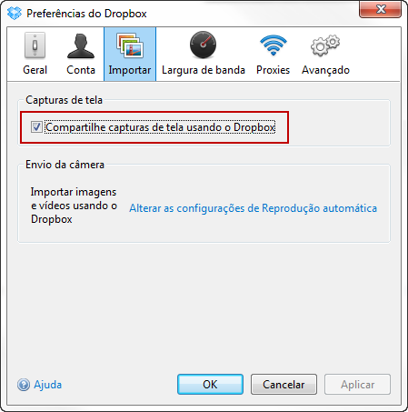 Tela de opções do Dropbox