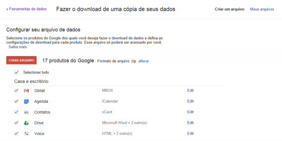 Criação de backups no Google Takeout