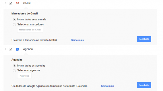 Opções de backup no Google Takeout