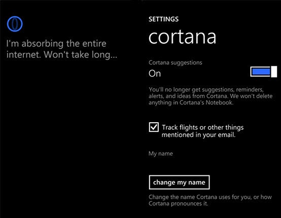 Tela de configuração do Cortana