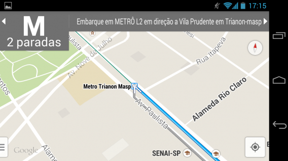 Tocando em um dos trechos do trajeto sugerido ele é exibido em uma visão estilo GPS