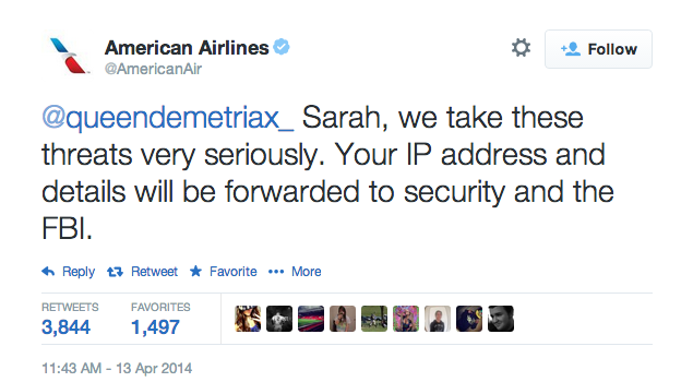 Resposta da American Airlines ao trote via Twitter