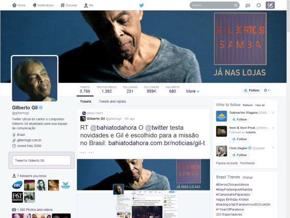 Novo visual do Twitter - Perfil do Gilberto Gil