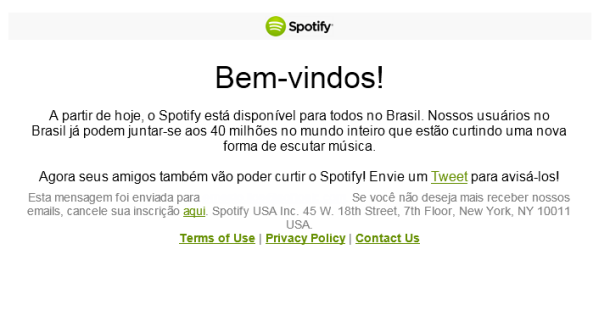 Email do Spotify anunciando a chegada ao Brasil