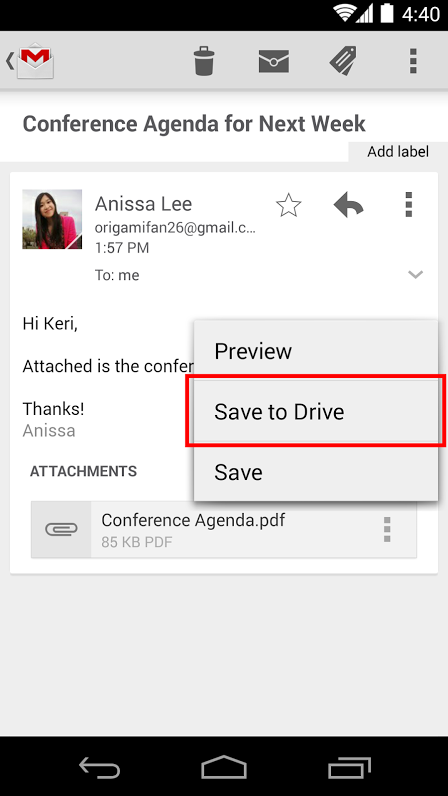 Atualização permite que Gmail para Android anexe arquivos no Drive