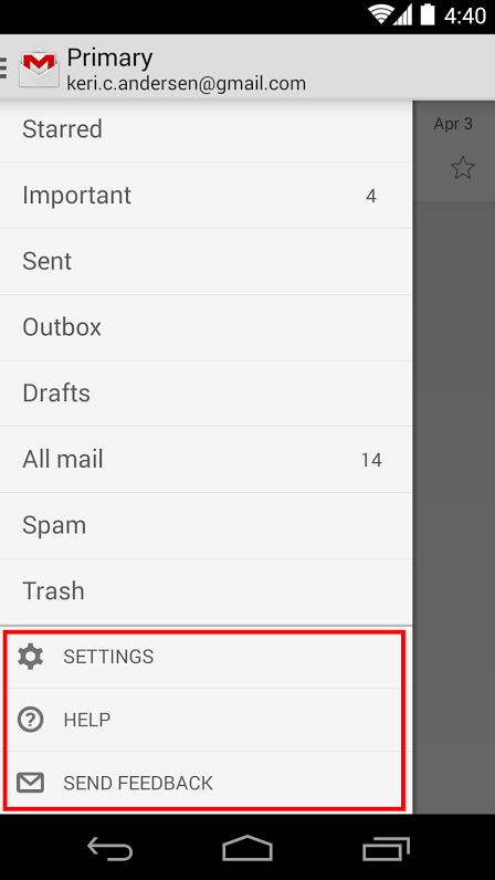 atualização gmail deslizar menu