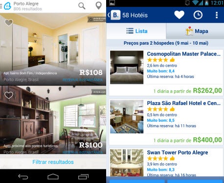 Airbnb e Booking.com mostram quartos e hotéis disponíveis para reservas