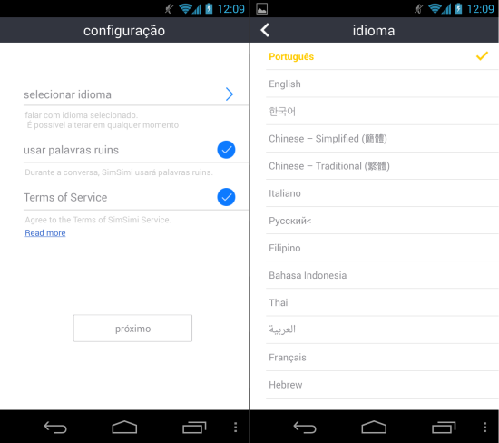 Escolha o idioma e se deseja que o SimSimi use palavrões