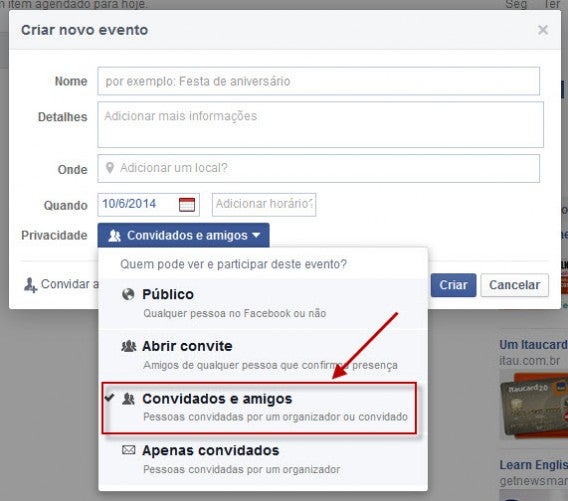 Defina a privacidade do evento