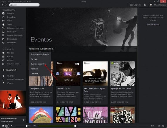 Selecione a playlist Eventos
