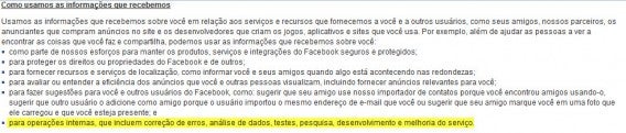 Texto sobre a política de uso de dados do Facebook