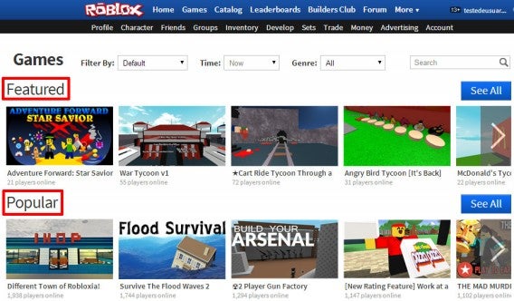 Featured mostra produções de destaque e Popular lista os games com mais jogadores online