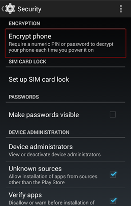 O próprio Android já inclui uma opção de segurança com criptografia de dados O próprio Android já inclui uma opção de segurança com criptografia de dados