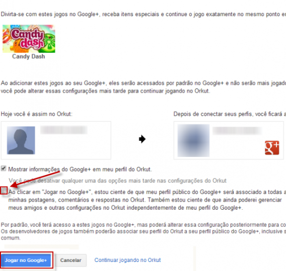 Selecione a segunda opção antes de clicar no botão azul "Jogar no Google+"