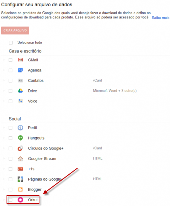 Selecione apenas o Orkut
