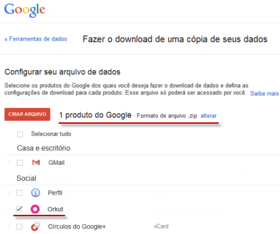 Depois de selecionar o Orkut, clique no botão "Criar Arquivo" do Takeout Depois de selecionar o Orkut, clique no botão "Criar Arquivo" do Takeout