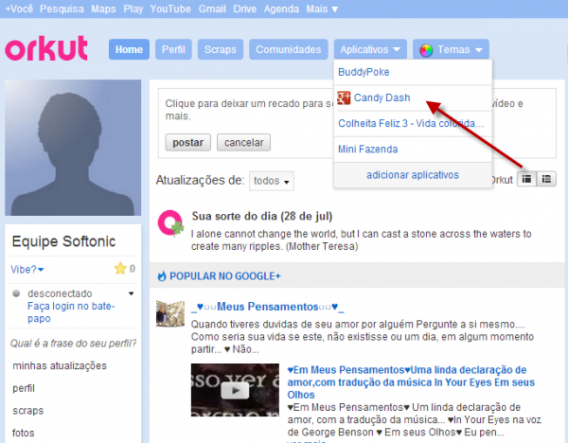 Se o jogo do Orkut tiver o ícone do G+ significa que você pode exportar a sua partida ao Google Plus