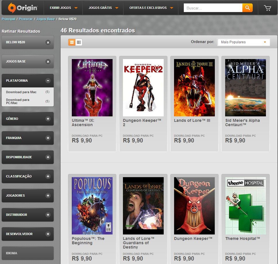Origin faz liquidação de jogos clássicos