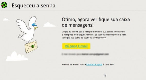 Mensagem sobre recuperação de senha