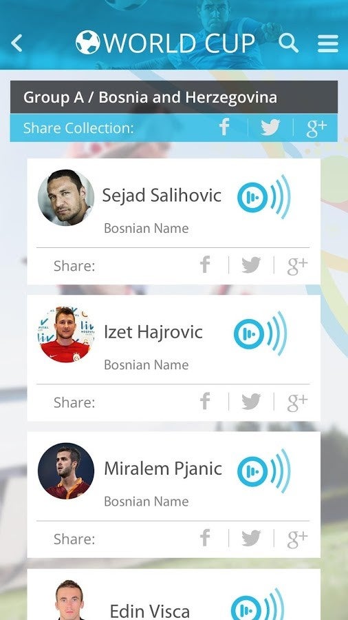 Interface do aplicativo World Cup Namez