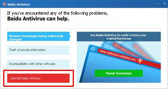 Clique em Uninstall Baidu Antivirus
