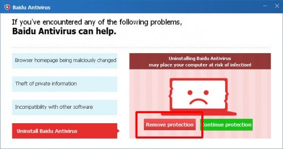 Confirme clicando em Remove protection