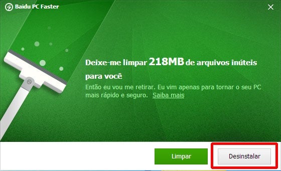 Clique em Desinstalar para remover o Baidu PC Faster